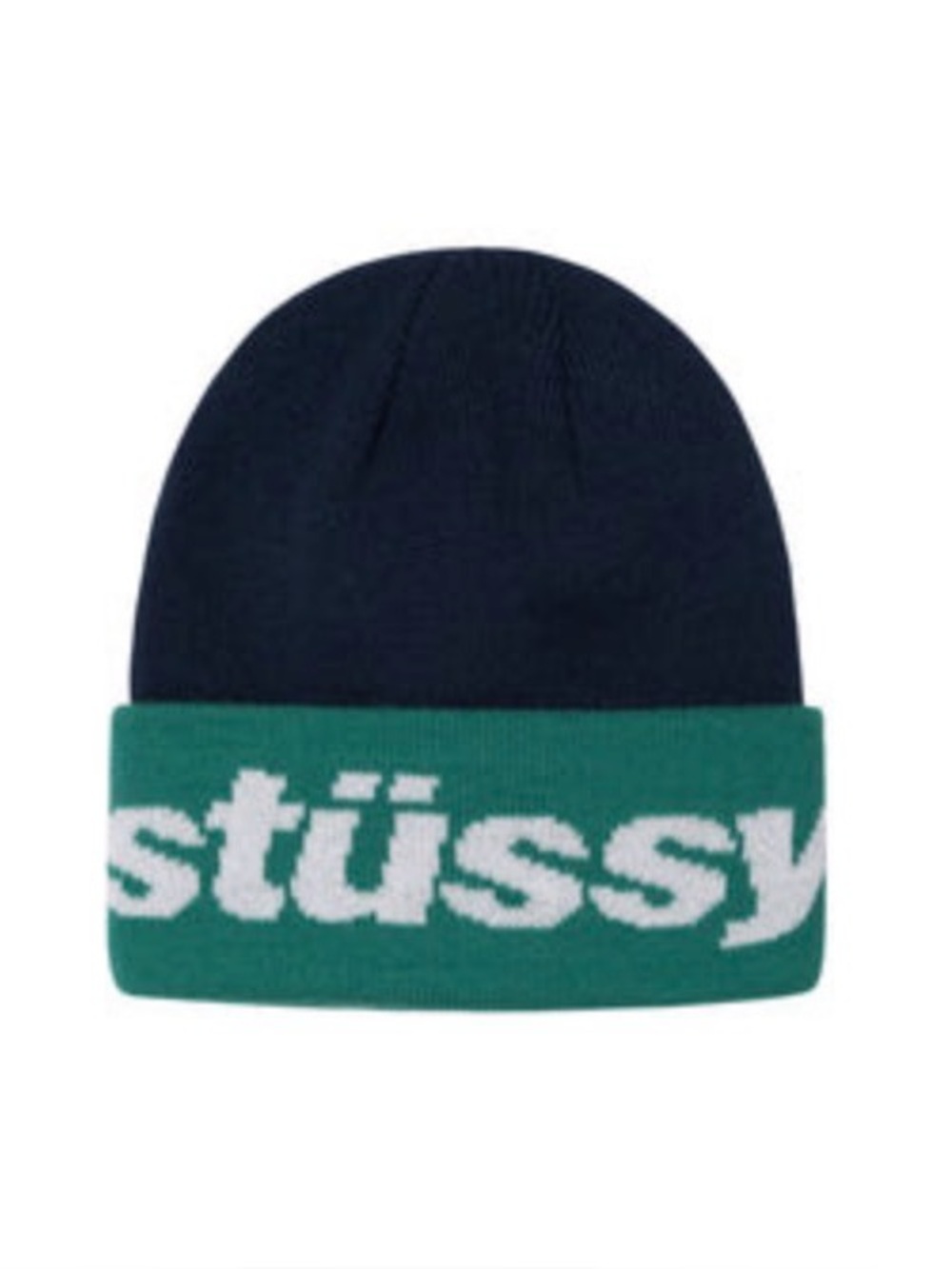 Stussy Navy Beanie with Green Cuff and White Logo